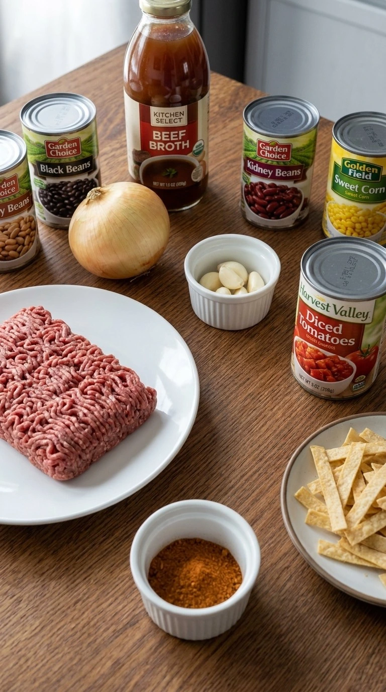 Crockpot Taco Soup ingredients including beef beans tomatoes corn and spices Recipe focus: taco soup recipe.