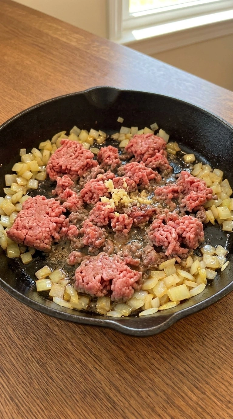 Crockpot Taco Soup browning ground beef with onion and garlic Recipe focus: crockpot soup recipes.