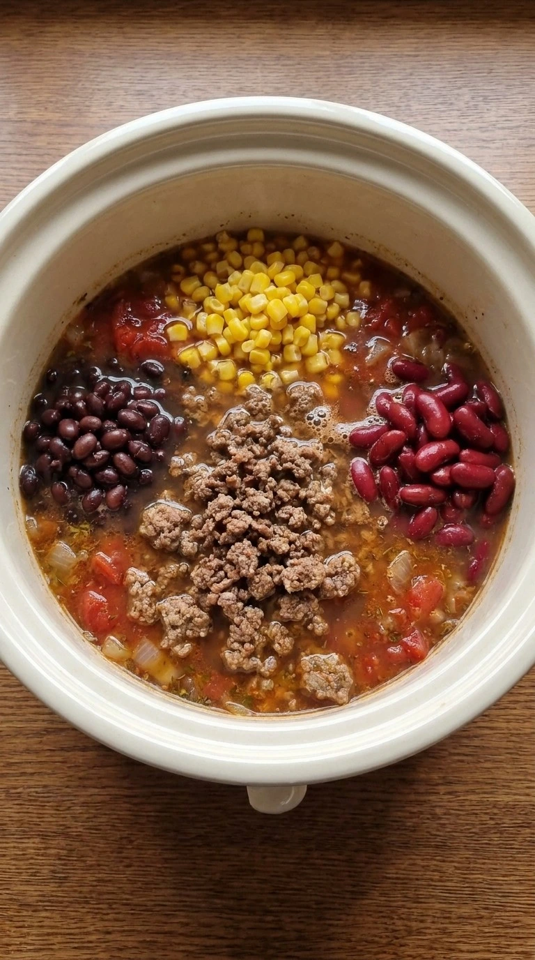 Crockpot Taco Soup ingredients combined before slow cooking Recipe focus: crockpot potato soup.