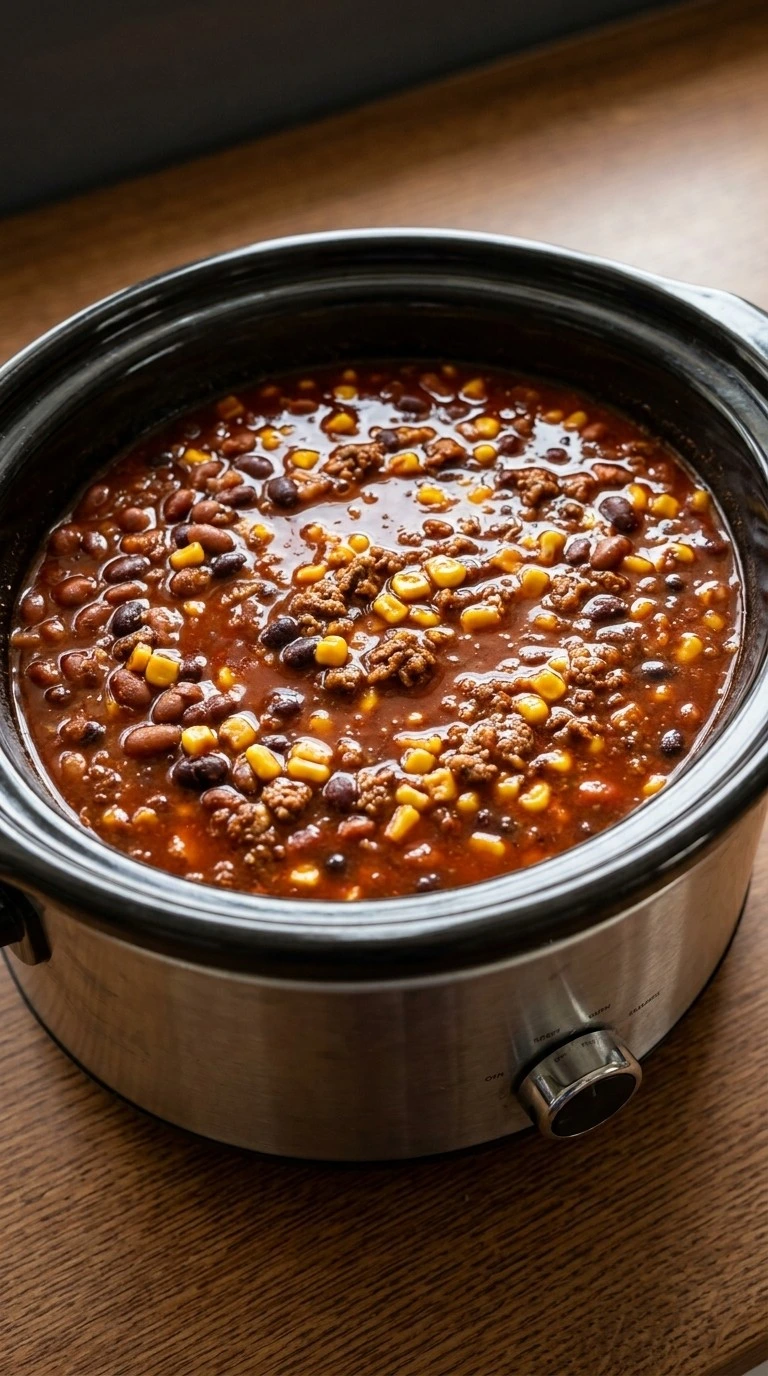 Crockpot Taco Soup slow cooking with thick broth and beans Recipe focus: crockpot soup.