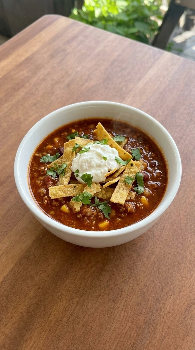 Crockpot Taco Soup served with sour cream cilantro and tortilla strips Recipe focus: taco soup recipe crockpot.