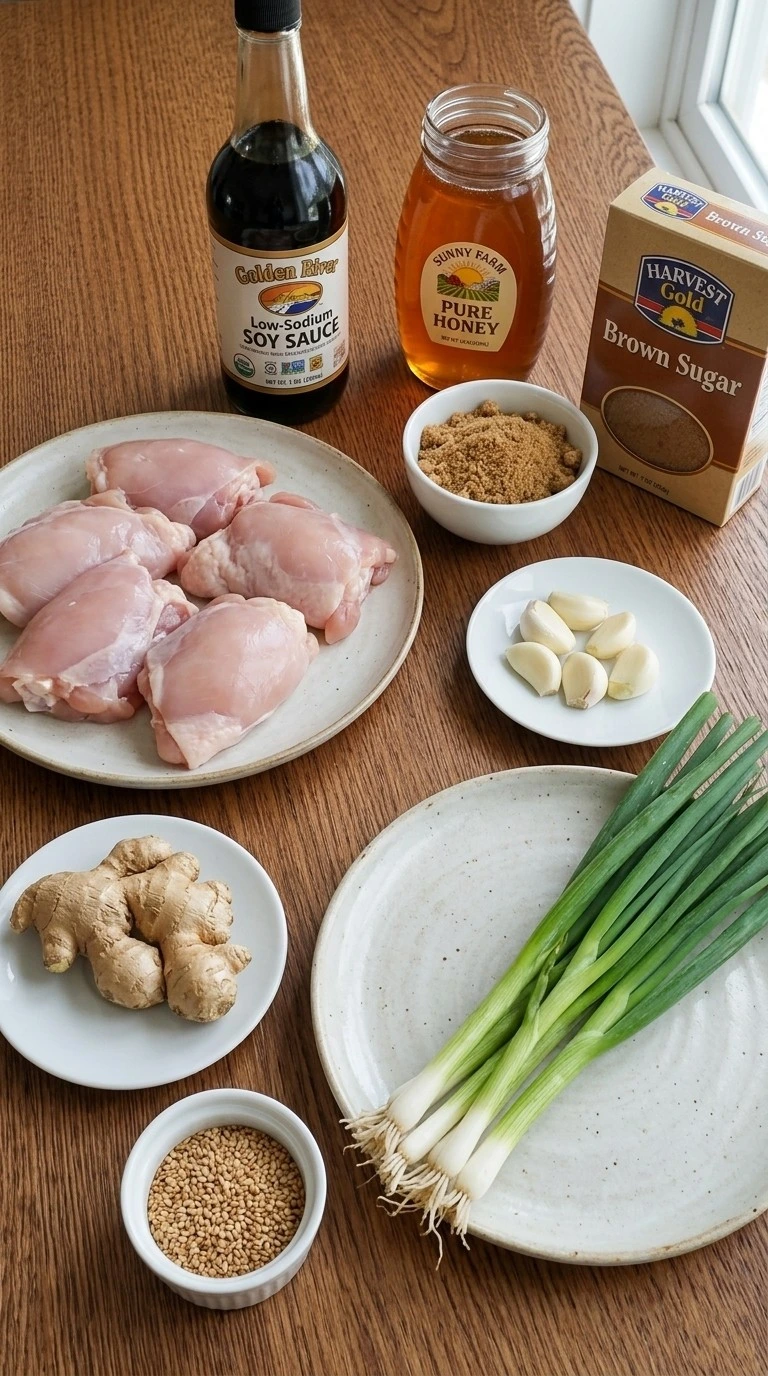 Crockpot Teriyaki Chicken ingredients with chicken thighs sauce ingredients and seasonings Recipe focus: crockpot teriyaki chicken thighs.