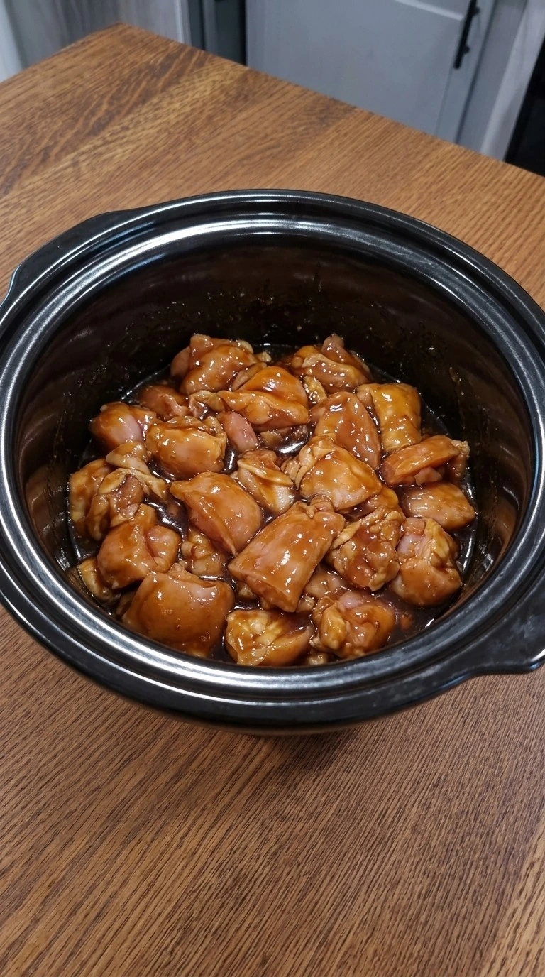 Crockpot Teriyaki Chicken thighs coated with teriyaki sauce before cooking Recipe focus: dump and go crockpot dinners.