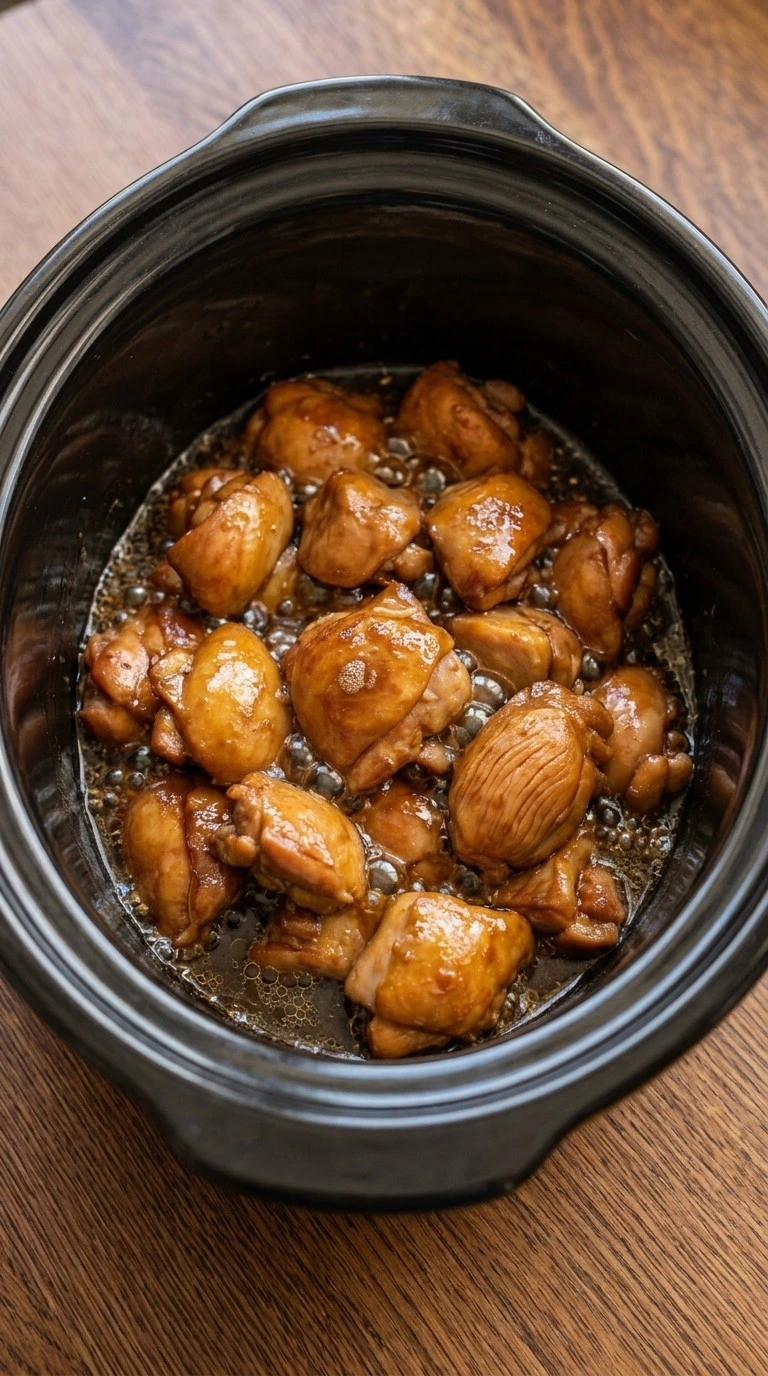 Crockpot Teriyaki Chicken slow cooking with glossy tender chicken thighs Recipe focus: easy crockpot meals.