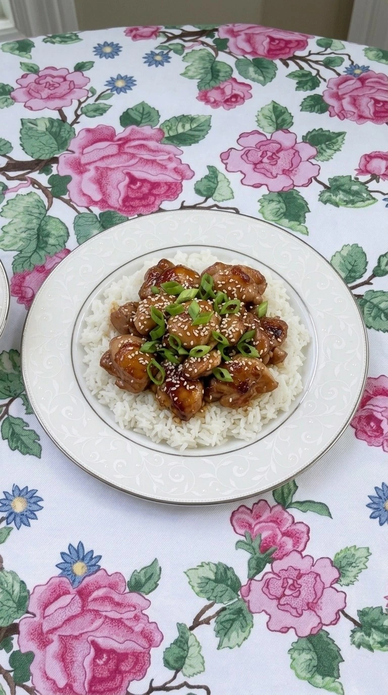 Crockpot Teriyaki Chicken plated with rice green onions and sesame seeds Recipe focus: crockpot teriyaki chicken easy.