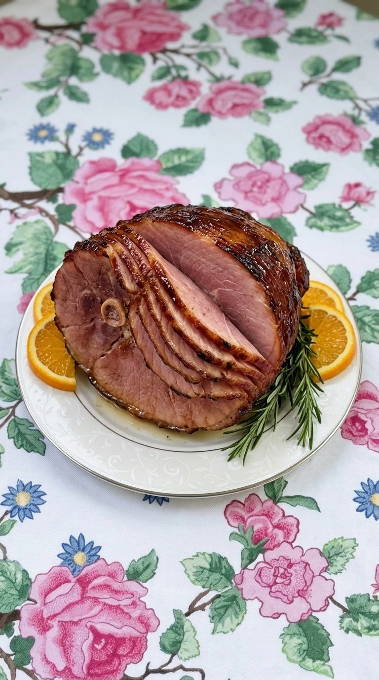 Crockpot Thanksgiving Ham with glossy glazed spiral slices on a serving plate Recipe focus: thanksgiving ham recipes crockpot.
