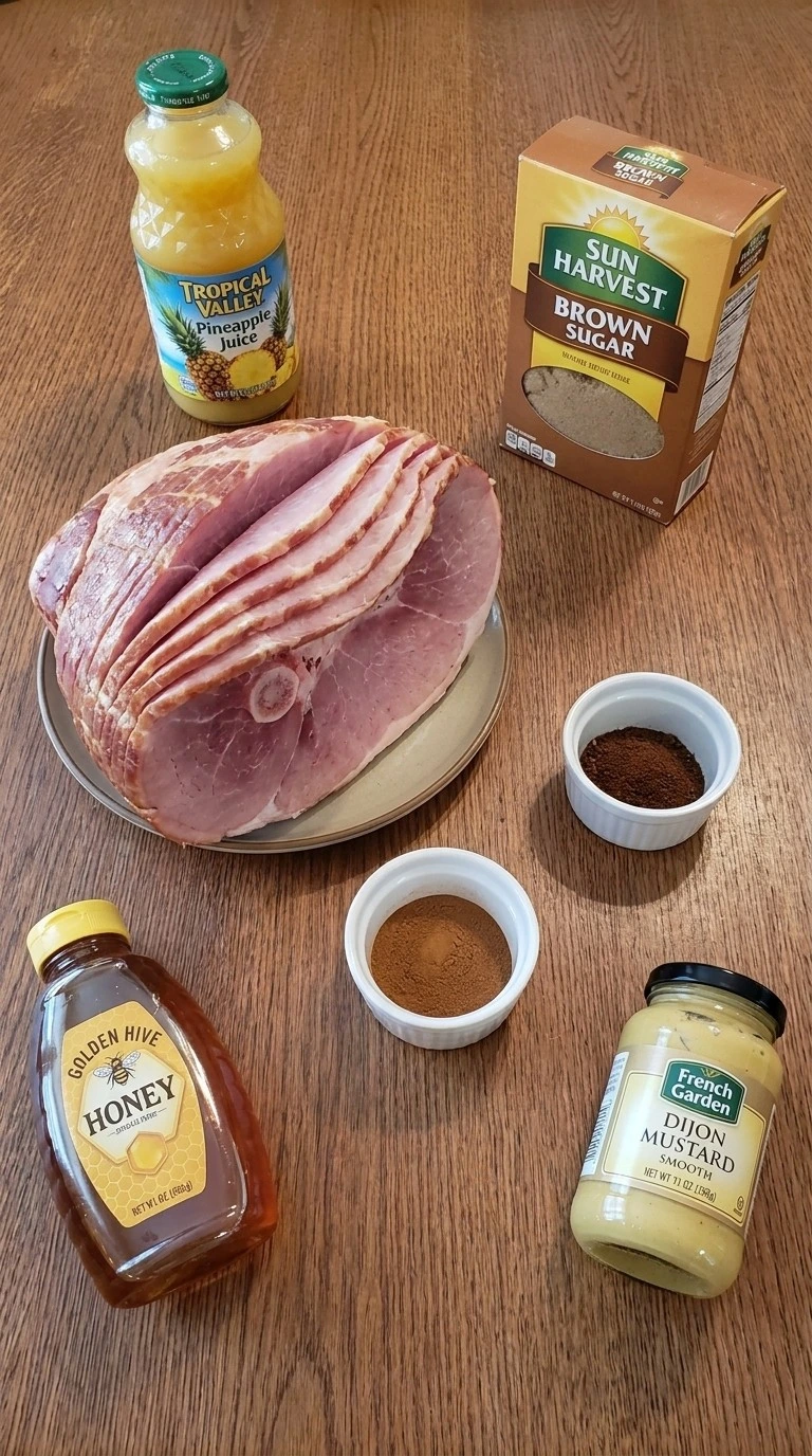 Crockpot Thanksgiving Ham ingredients including ham glaze ingredients arranged for preparation Recipe focus: thanksgiving ham recipes crockpot.