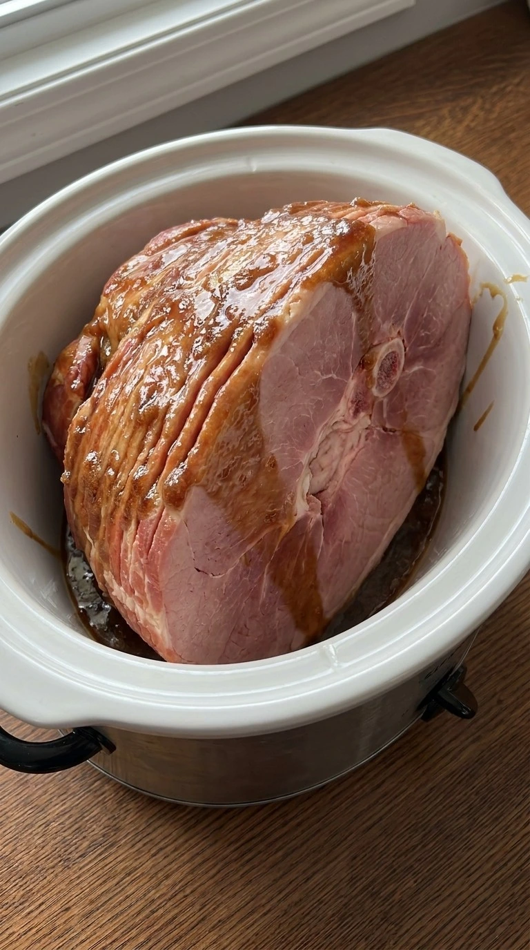 Crockpot Thanksgiving Ham coated with glaze before slow cooking Recipe focus: thanksgiving ham recipes crockpot.