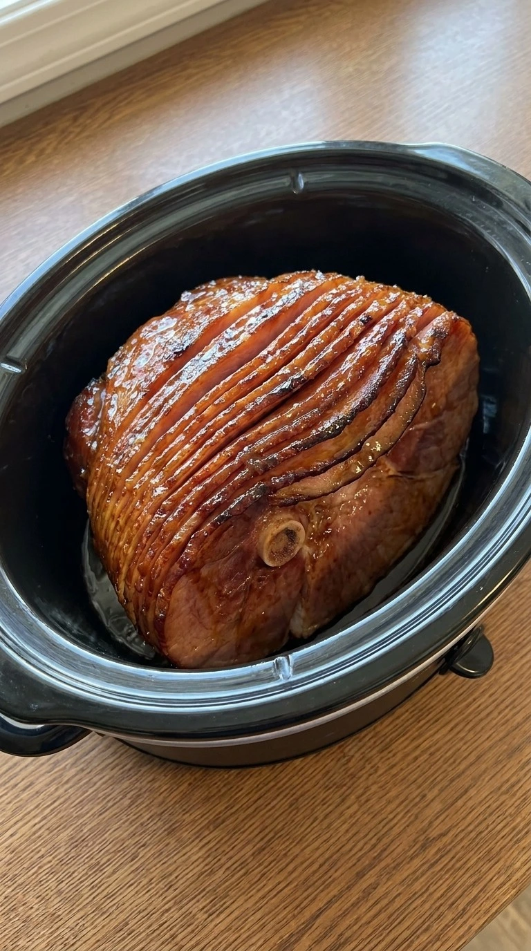 Crockpot Thanksgiving Ham slow cooking with amber glaze and spiral slices Recipe focus: thanksgiving ham recipes crockpot.