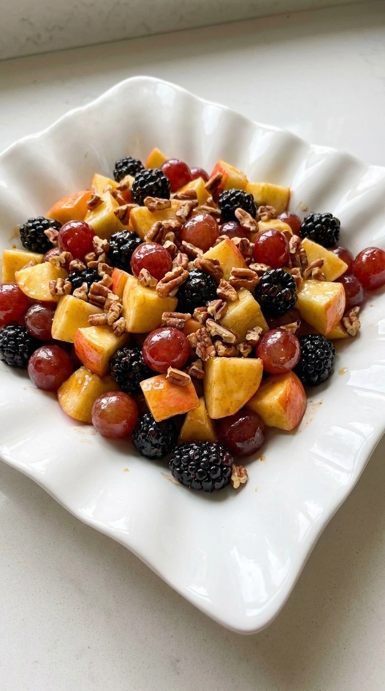 Fall Fruit Salad Thanksgiving Sides finished with pecans and orange cinnamon dressing