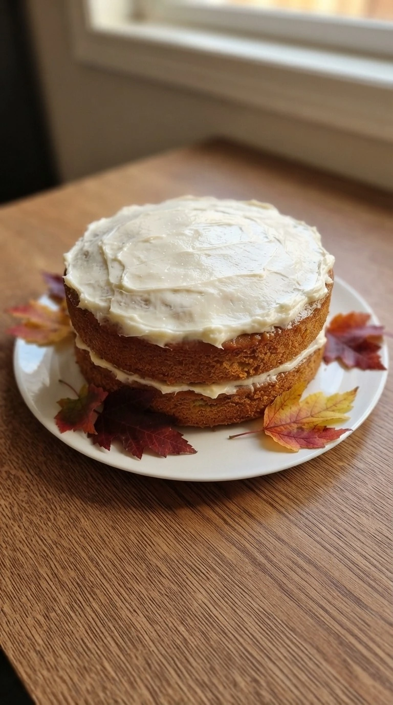 Friendsgiving Cake with autumn leaf decorations and creamy frosting Recipe focus: friendsgiving cake ideas.