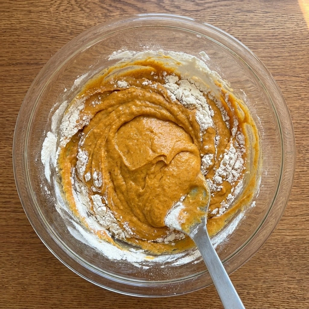 Friendsgiving Cake batter mixed with pumpkin and warm spices Recipe focus: friendsgiving dish ideas.