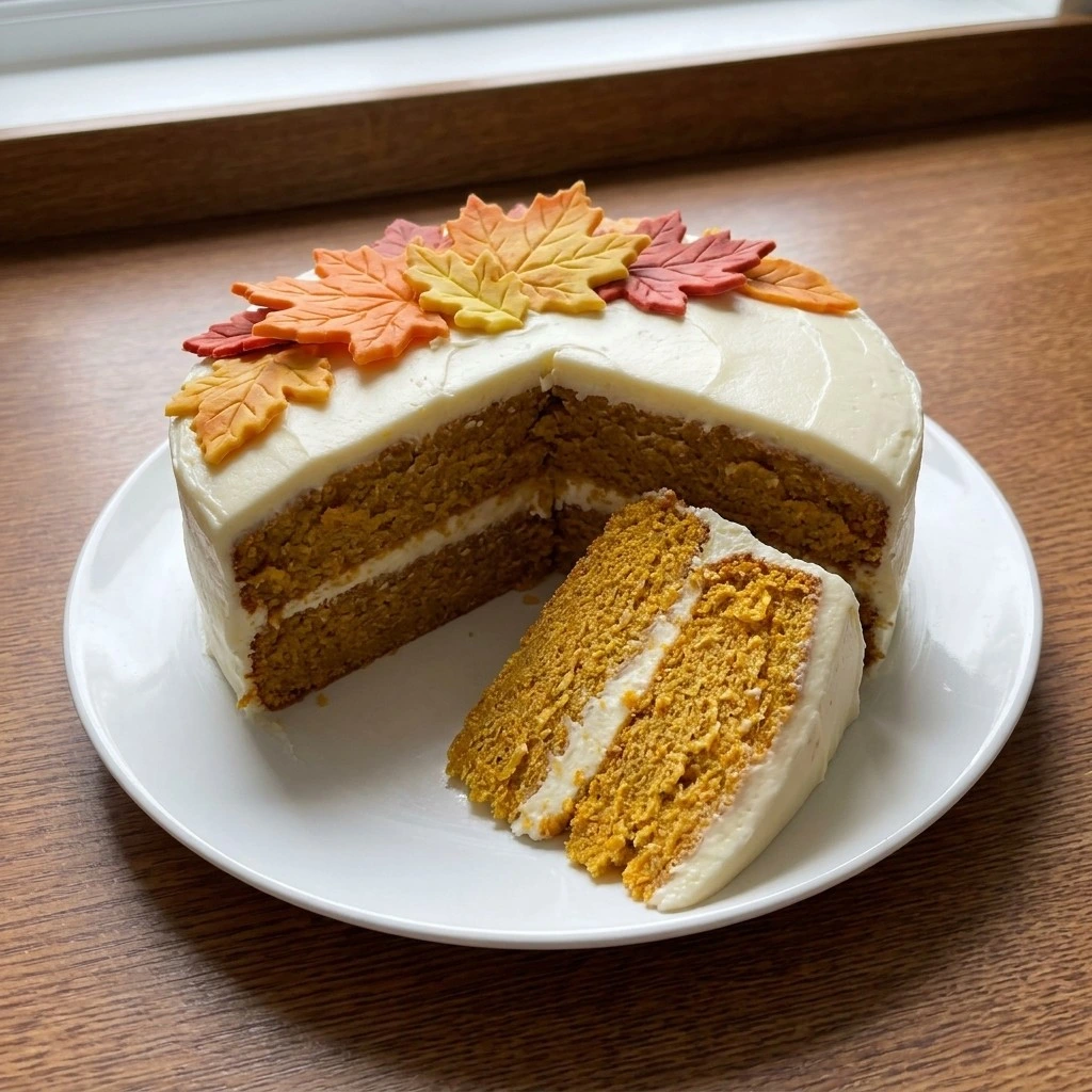 Friendsgiving Cake decorated with autumn leaves and creamy frosting Recipe focus: thanksgiving dessert ideas creative.