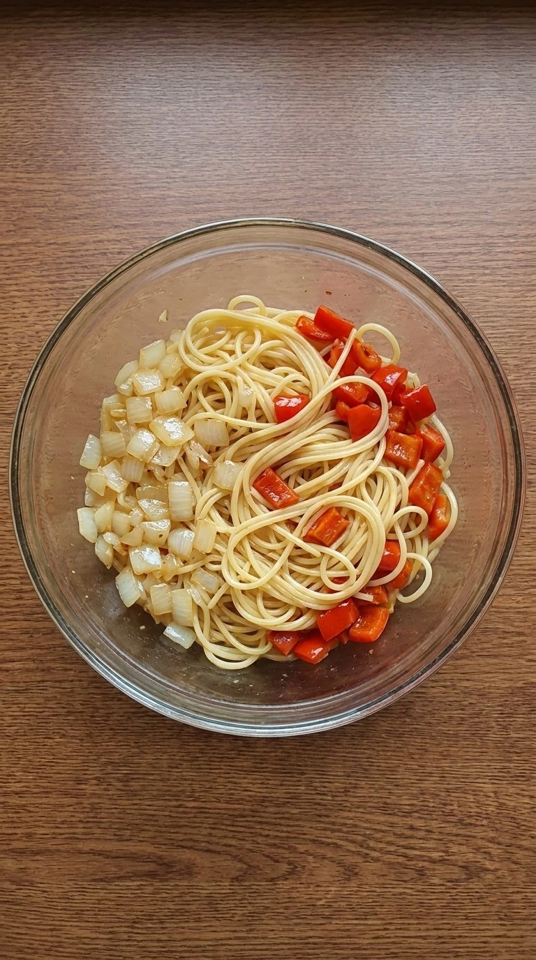 Friendsgiving Casserole By Joanna Gaines spaghetti and vegetables preparation