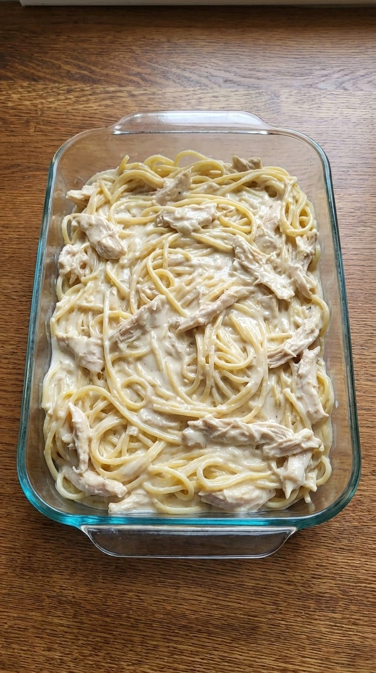 Friendsgiving Casserole By Joanna Gaines chicken spaghetti mixture in baking dish