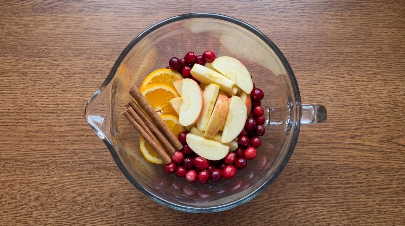 Friendsgiving Cocktail Party sliced fruit preparation with apples oranges and cranberries