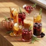 Friendsgiving Cocktails with autumn apple cider and cranberry drinks in glasses Recipe focus: friendsgiving cocktail ideas.