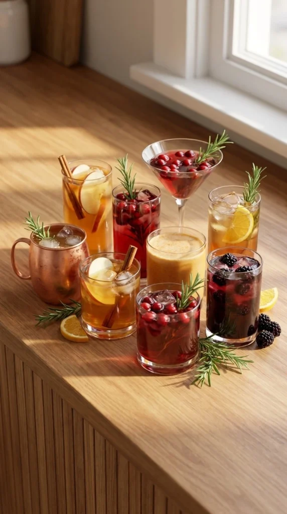 Friendsgiving Cocktails with autumn apple cider and cranberry drinks in glasses Recipe focus: friendsgiving cocktail ideas.