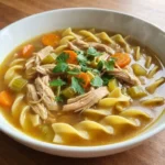 Gluten Free Chicken Noodle Soup with shredded chicken, carrots, celery and wide gluten-free noodles in golden broth