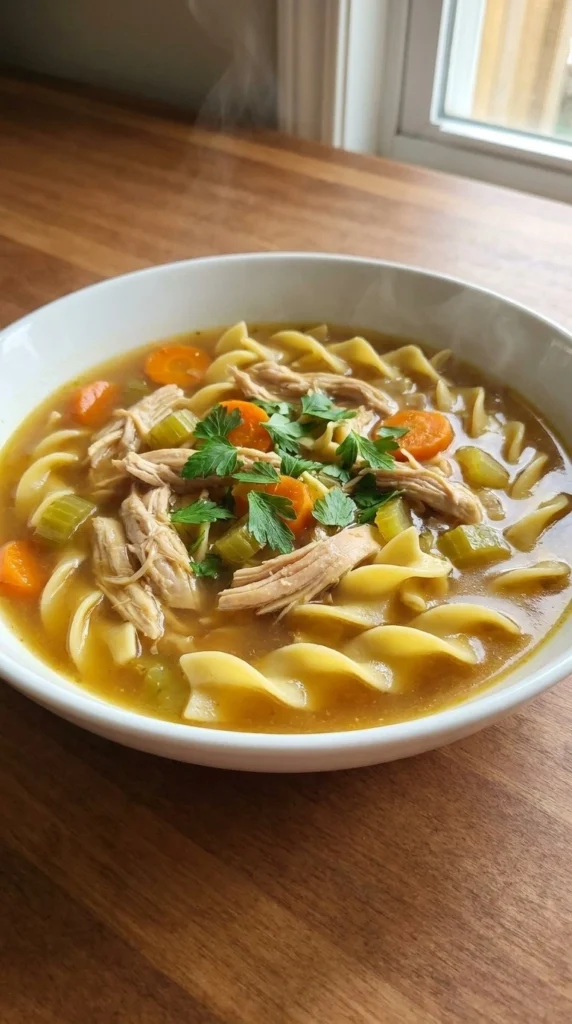Gluten Free Chicken Noodle Soup with shredded chicken, carrots, celery and wide gluten-free noodles in golden broth