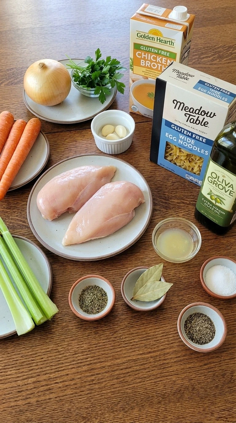 Gluten Free Chicken Noodle Soup ingredients including chicken breasts, vegetables, broth and gluten-free noodles