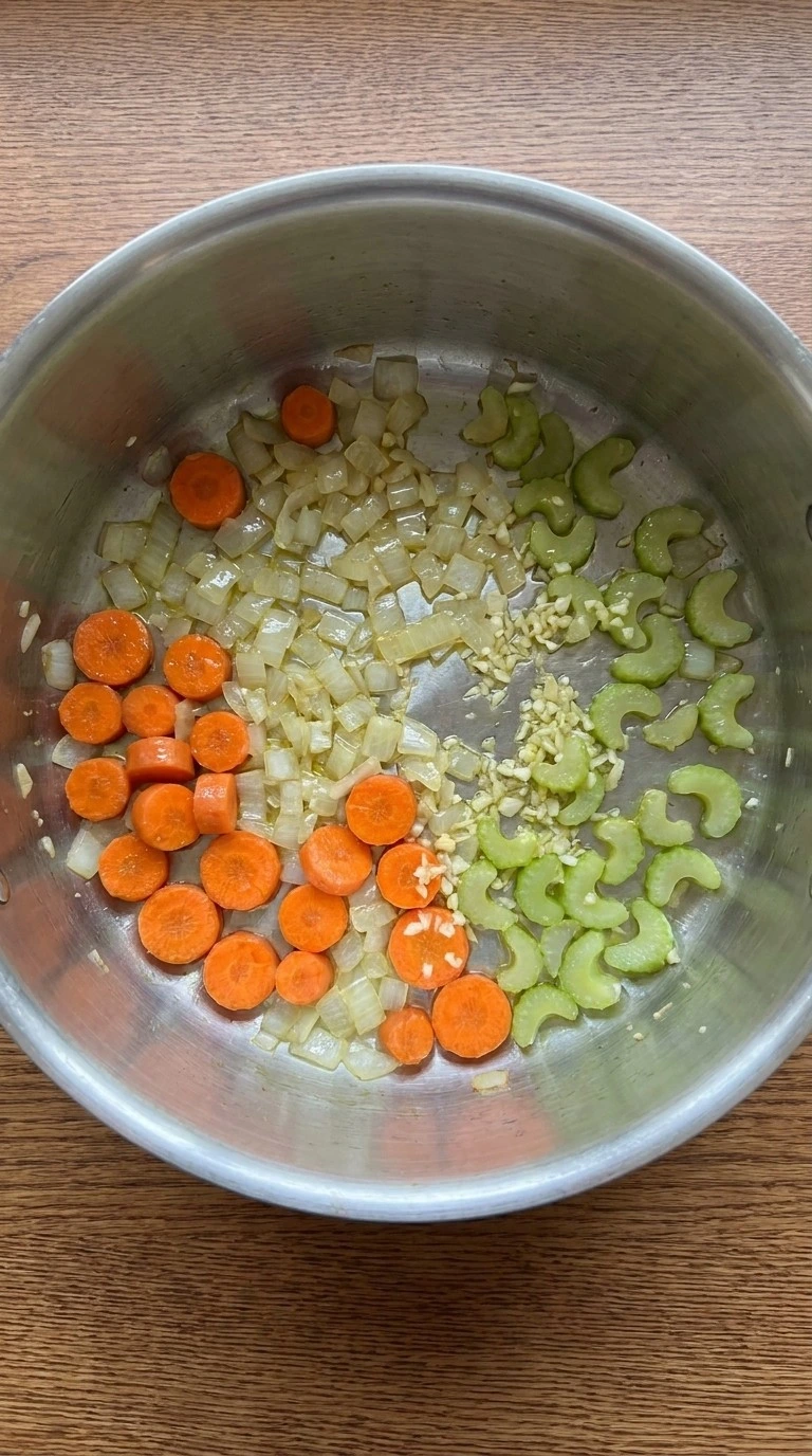 Softening onion, carrots and celery for Gluten Free Chicken Noodle Soup
