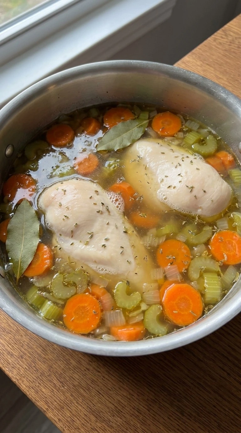 Chicken breasts simmering in golden broth for Gluten Free Chicken Noodle Soup