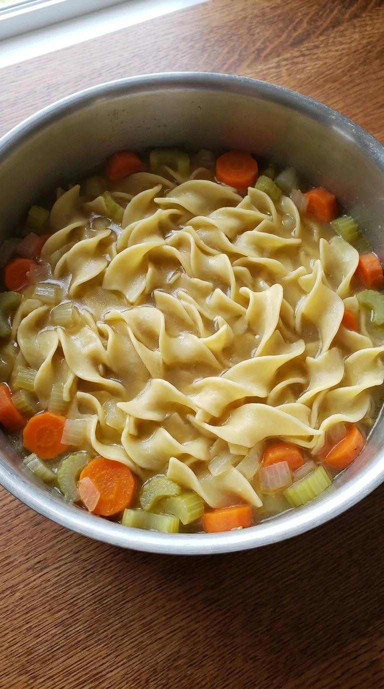 Wide gluten-free noodles simmering in broth for Gluten Free Chicken Noodle Soup