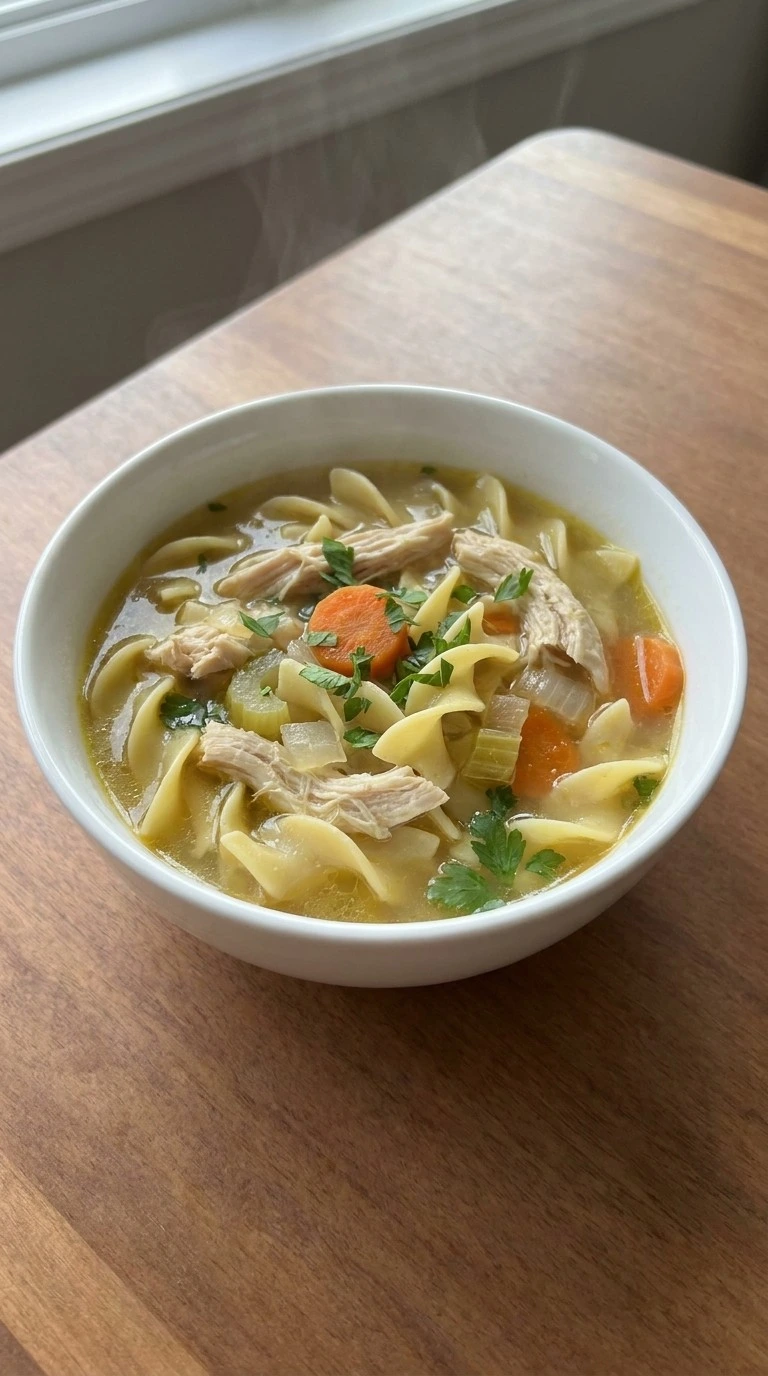 Finished Gluten Free Chicken Noodle Soup with shredded chicken, carrots, celery, noodles and parsley