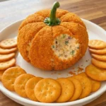 Halloween Appetizers Cheese Ball shaped like a pumpkin with orange cheddar crumbs, crackers and creamy bacon cheddar filling.