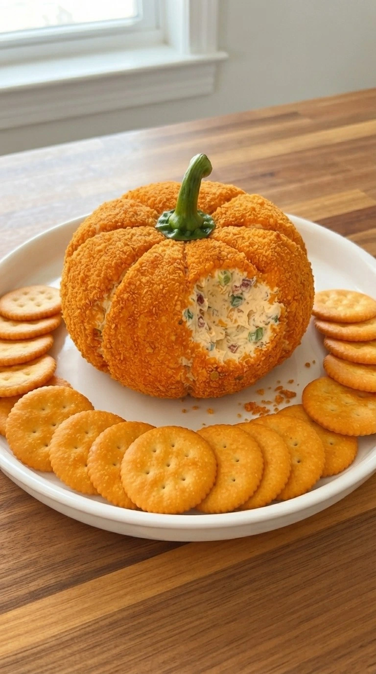 Halloween Appetizers Cheese Ball shaped like a pumpkin with orange cheddar crumbs, crackers and creamy bacon cheddar filling.