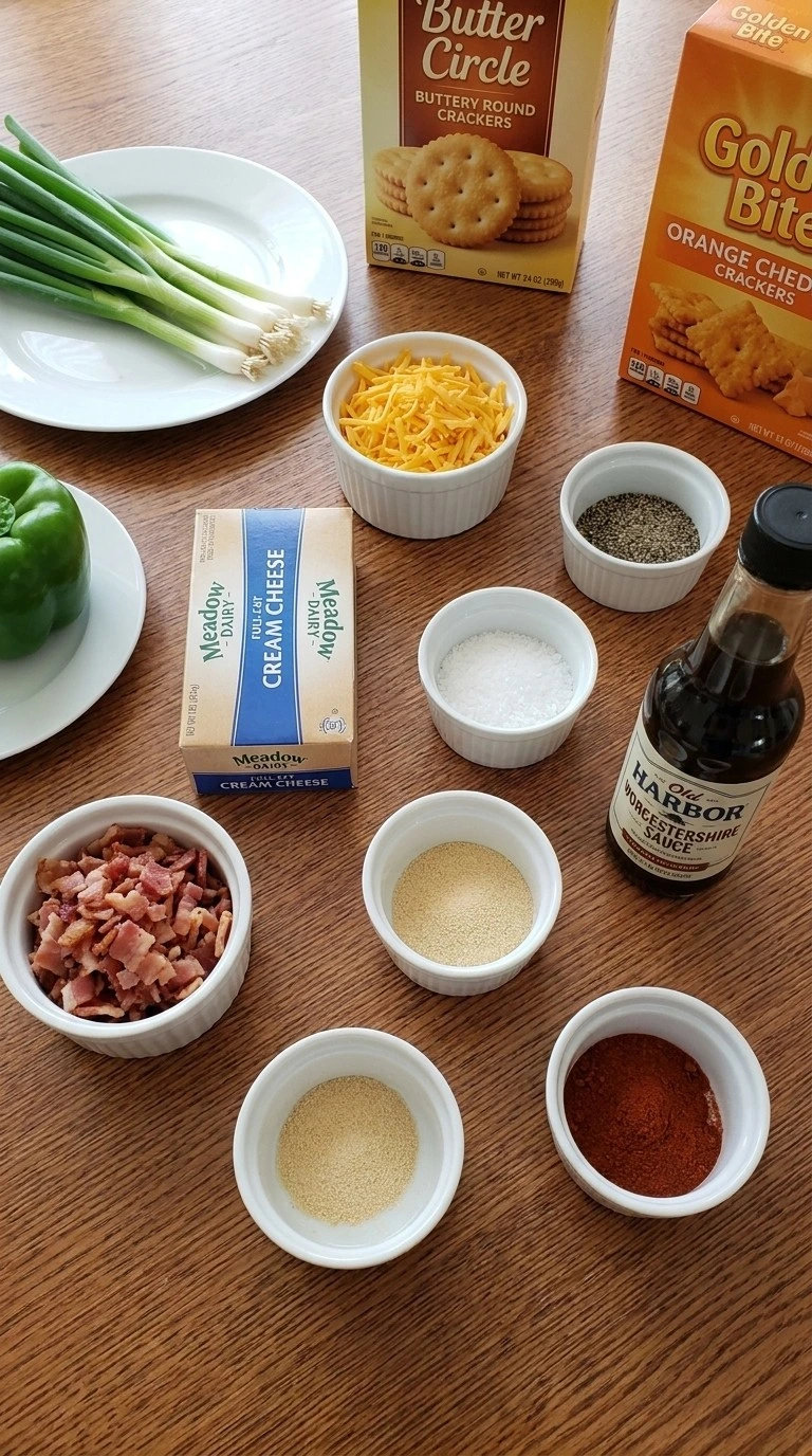 Halloween Appetizers Cheese Ball ingredients including cream cheese, sharp cheddar, bacon, green onion and orange cheddar crackers.
