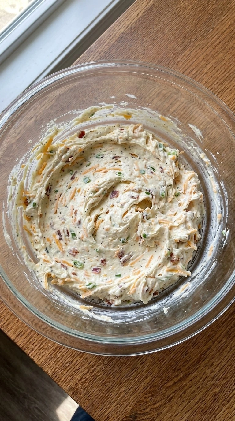 Halloween Appetizers Cheese Ball filling mixed with sharp cheddar, bacon and green onion in a glass bowl.