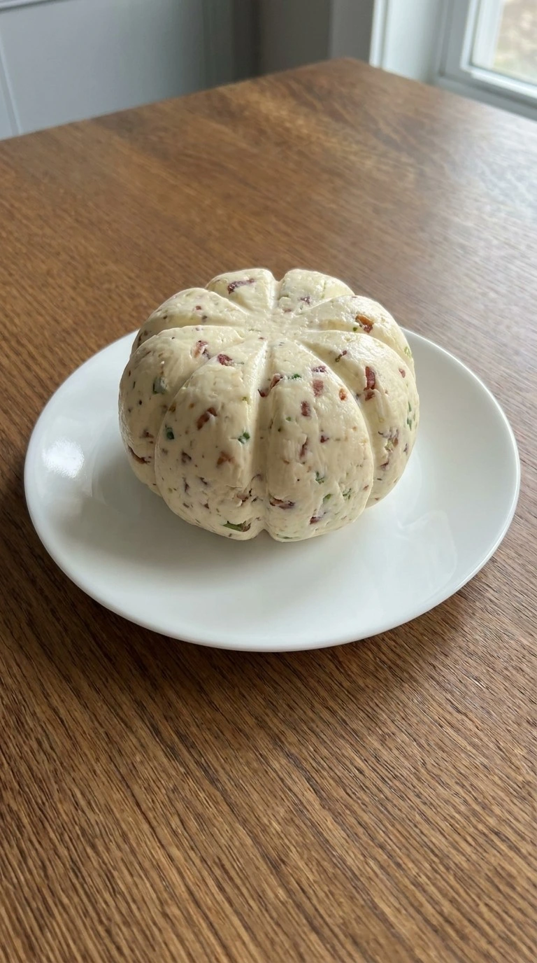 Halloween Appetizers Cheese Ball chilled and shaped into a grooved pumpkin before the orange coating is added.