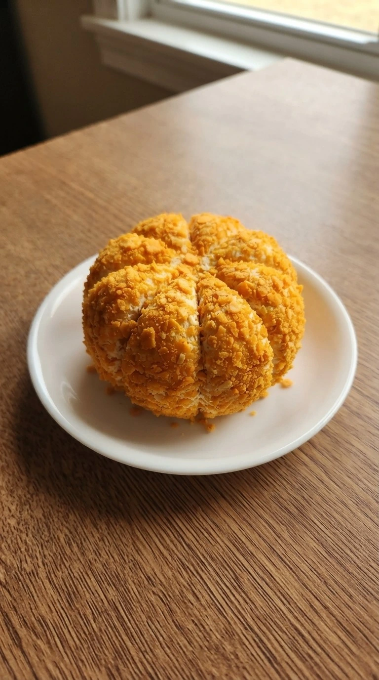 Halloween Appetizers Cheese Ball covered with crunchy orange cheddar cracker crumbs and shaped with pumpkin grooves.