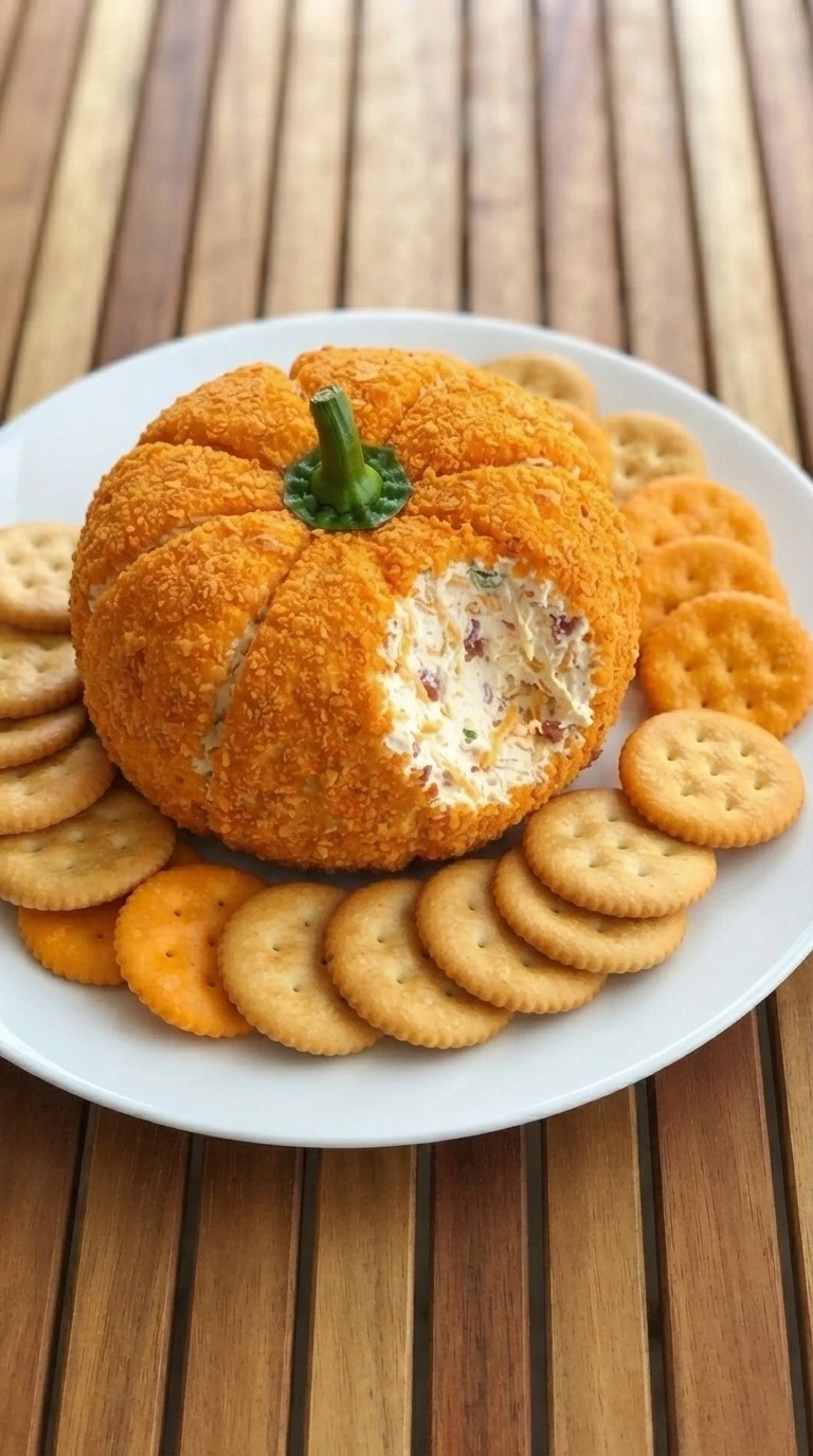 Halloween Appetizers Cheese Ball finished as an orange pumpkin with green pepper stem and crackers for serving.