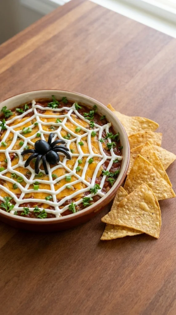 Halloween Appetizers Dip in a round bowl with spooky spiderweb topping