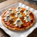Halloween Appetizers Pizza with ghost cheese toppings and melted mozzarella on a golden crust