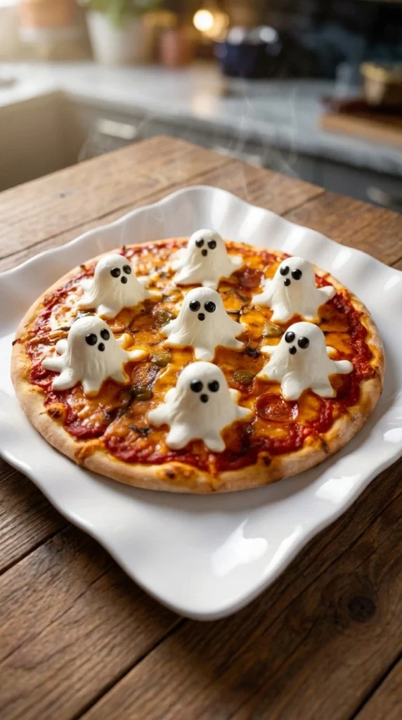 Halloween Appetizers Pizza with ghost cheese toppings and melted mozzarella on a golden crust