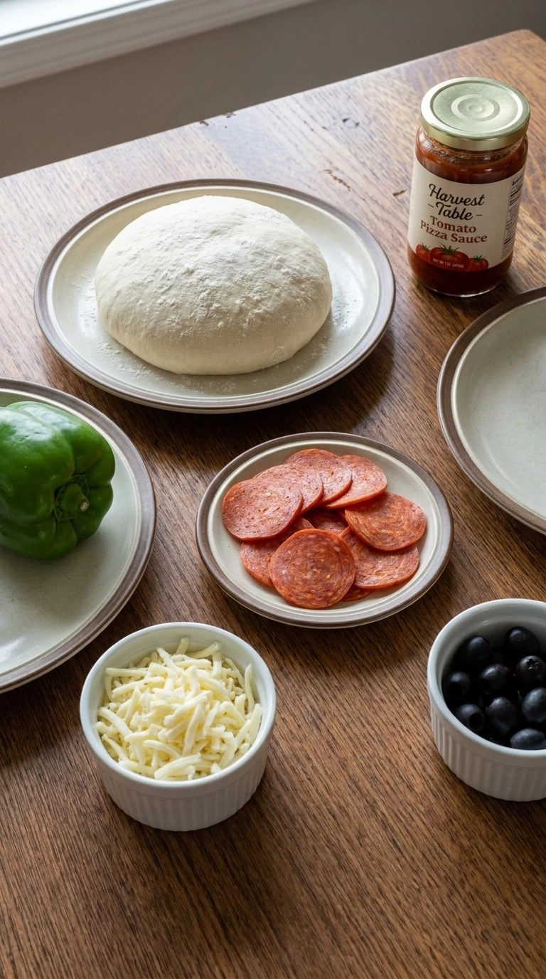 Halloween Appetizers Pizza ingredients including dough mozzarella pepperoni and sauce