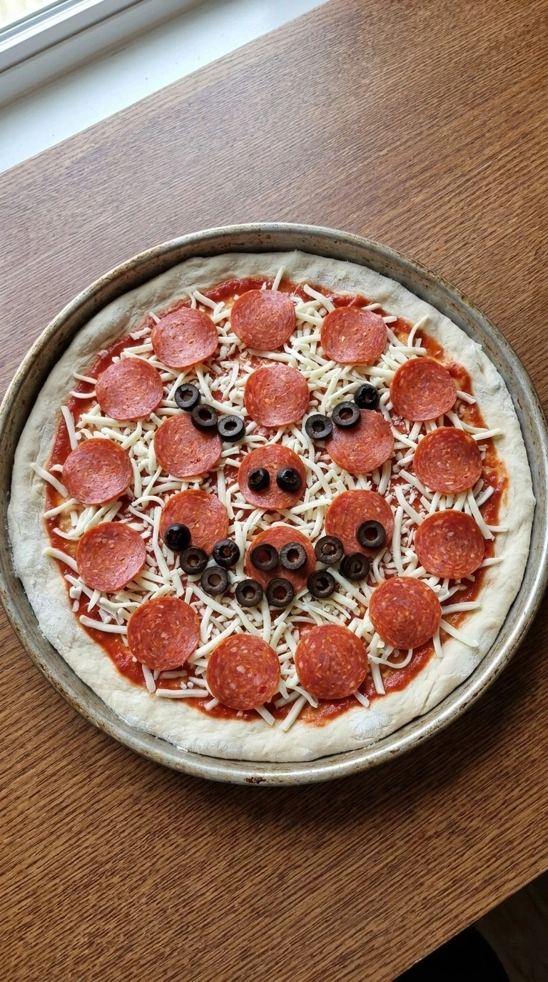 Halloween Appetizers Pizza with sauce mozzarella pepperoni and green pepper toppings