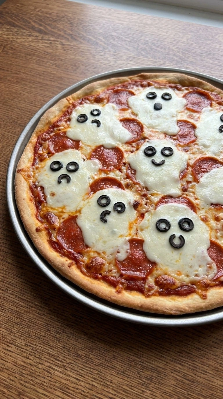 Halloween Appetizers Pizza with mozzarella ghost decorations and olive eyes