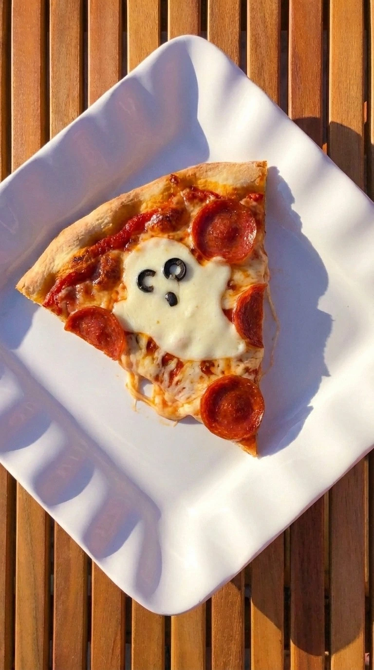Halloween Appetizers Pizza slice served with melted cheese and ghost topping