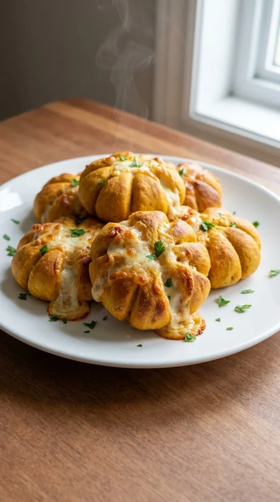 Halloween Appetizers Pumpkin golden pumpkin shaped pizza bites on a plate