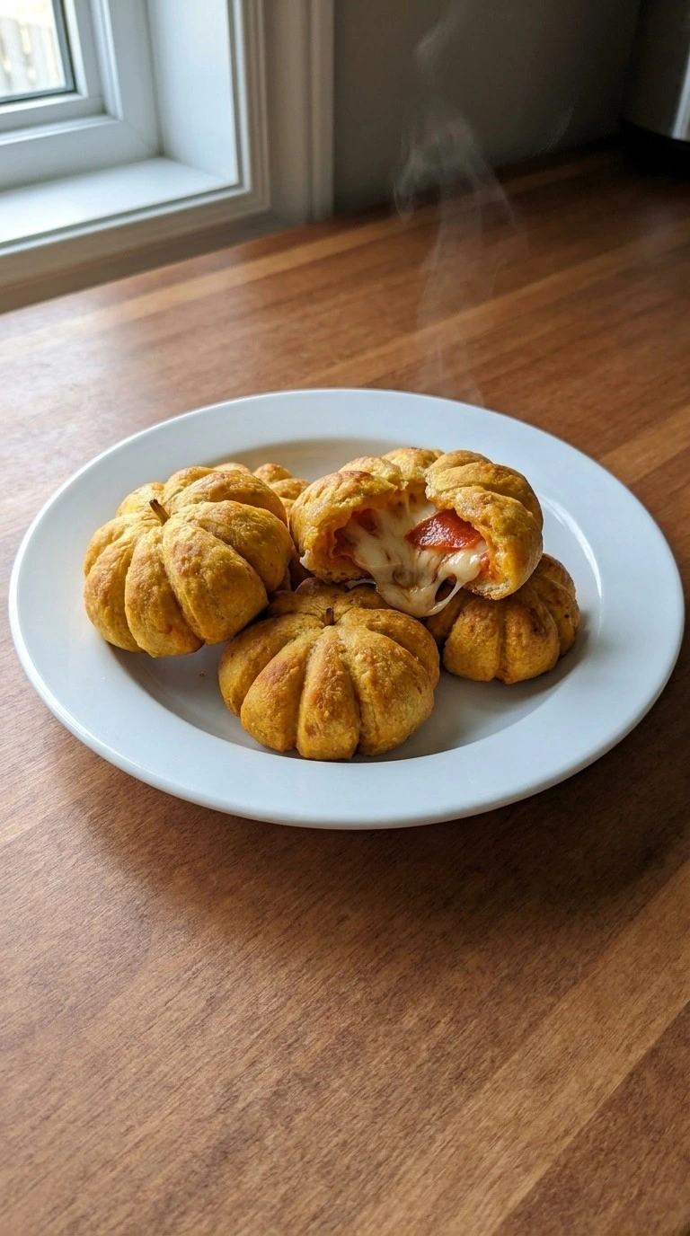 Halloween Appetizers Pumpkin served pumpkin pizza bite with melted cheese