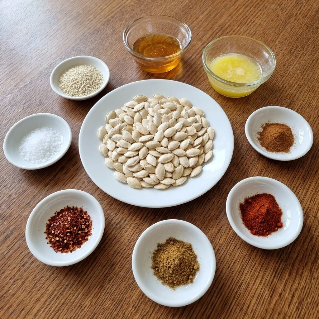 Honey Roasted Pumpkin Seeds ingredients including fresh seeds, honey, butter, spices and sesame Recipe focus: best pumpkin seed recipe.