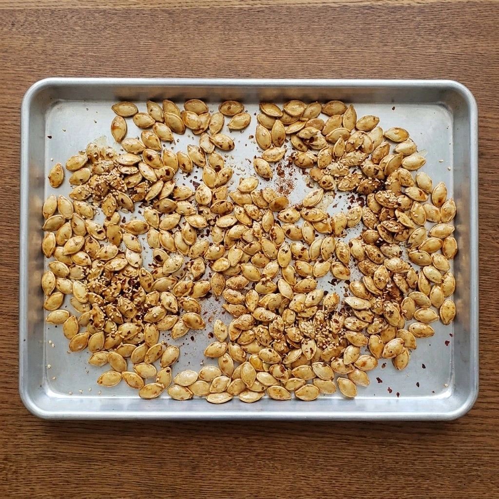 Honey Roasted Pumpkin Seeds turning deep amber during oven roasting Recipe focus: roasted nuts recipe.