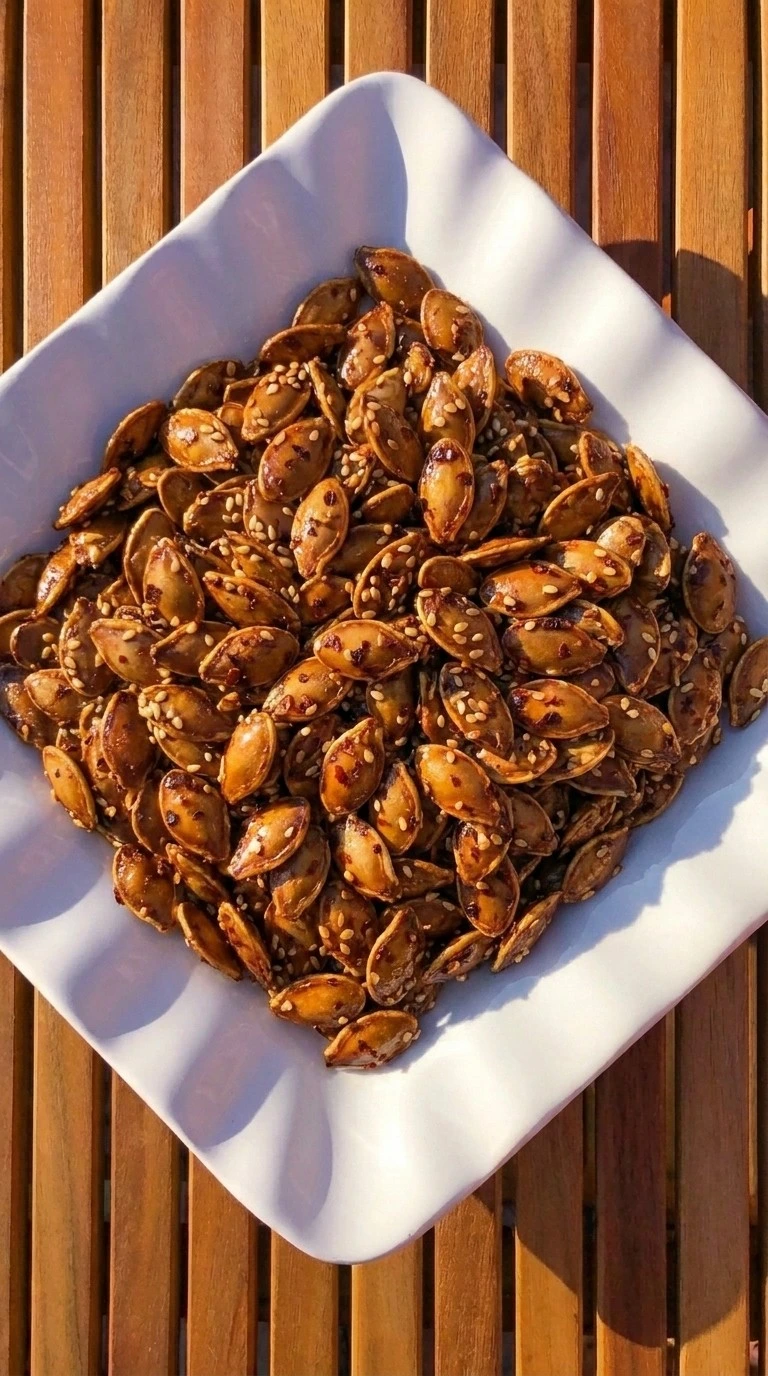 Honey Roasted Pumpkin Seeds cooled until crisp and served in a white bowl Recipe focus: honey roasted peanuts recipe.