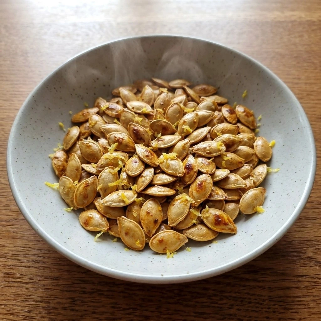 Lemon Roasted Pumpkin Seeds piled in a speckled ceramic bowl with golden shells, amber edges and fresh Recipe focus: how to make lemon roasted pumpkin seeds.
