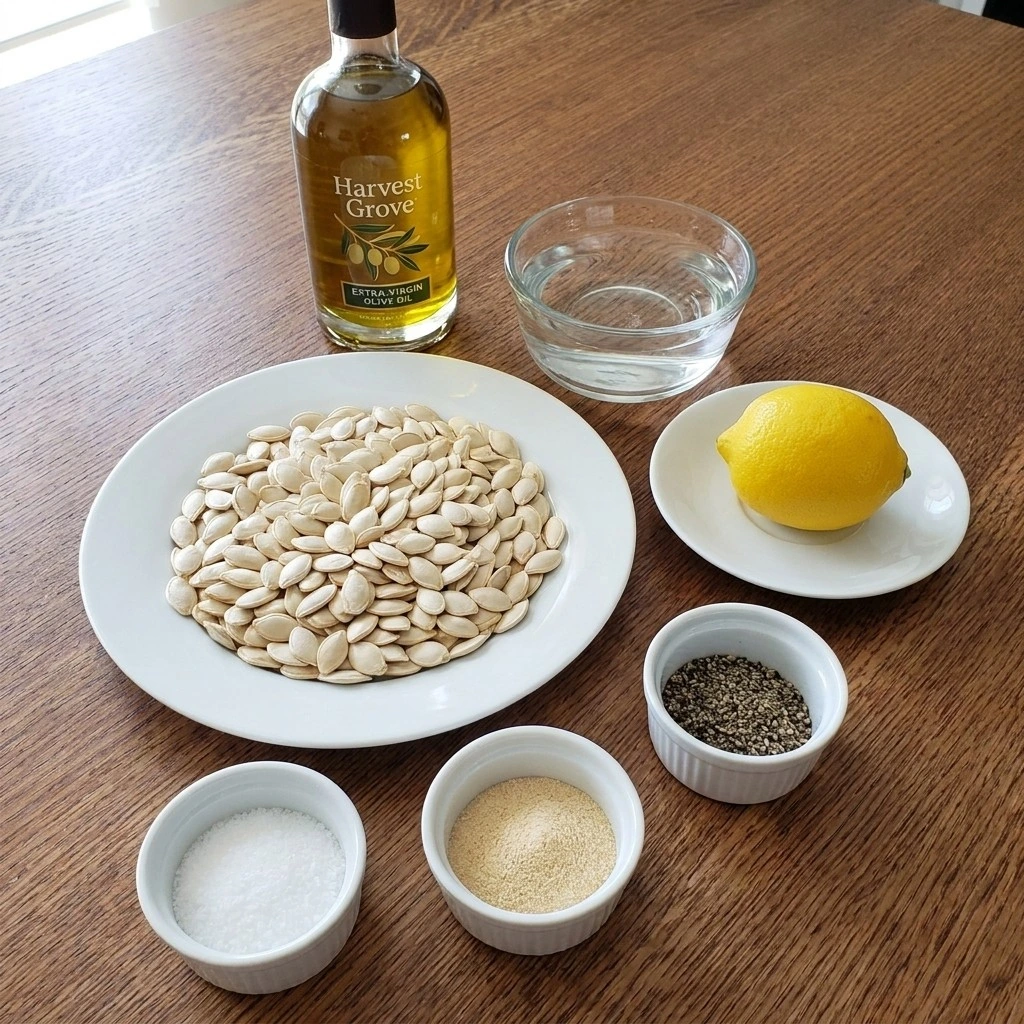 Lemon Roasted Pumpkin Seeds ingredients including raw pumpkin seeds, Eureka lemon, extra-virgin olive oil and Recipe focus: spicy lemon roasted pumpkin seeds.